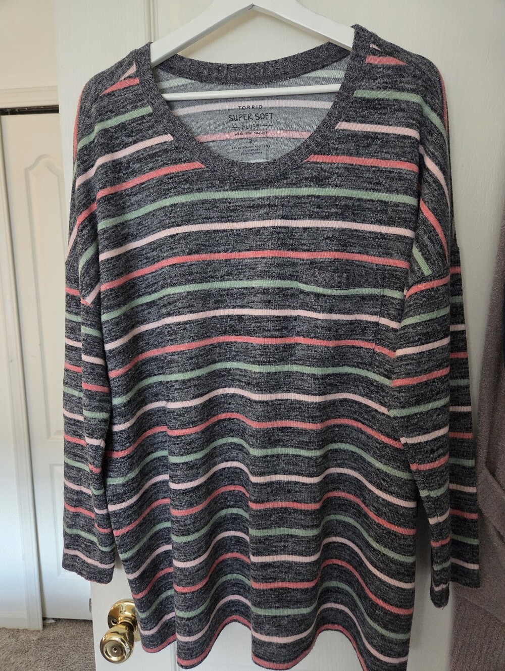 Torrid Charcoal Stripe Super Soft Crewneck Sweater with Pink & Mint Accents
